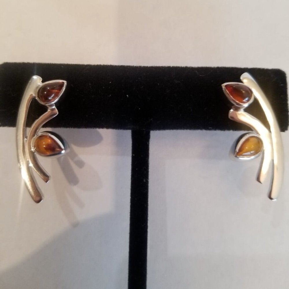 Unique High Shine Non Tarnish 925 Sterling Silver Amber Earrings Made in Italy
